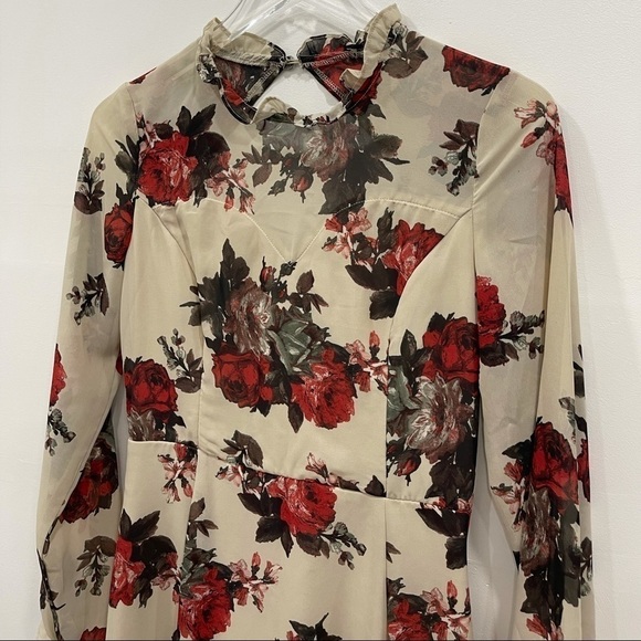 Soieblu Long Sleeve Smock Open Back Floral Dress Lace Trim Cream Ruffle Neck M - Picture 3 of 7